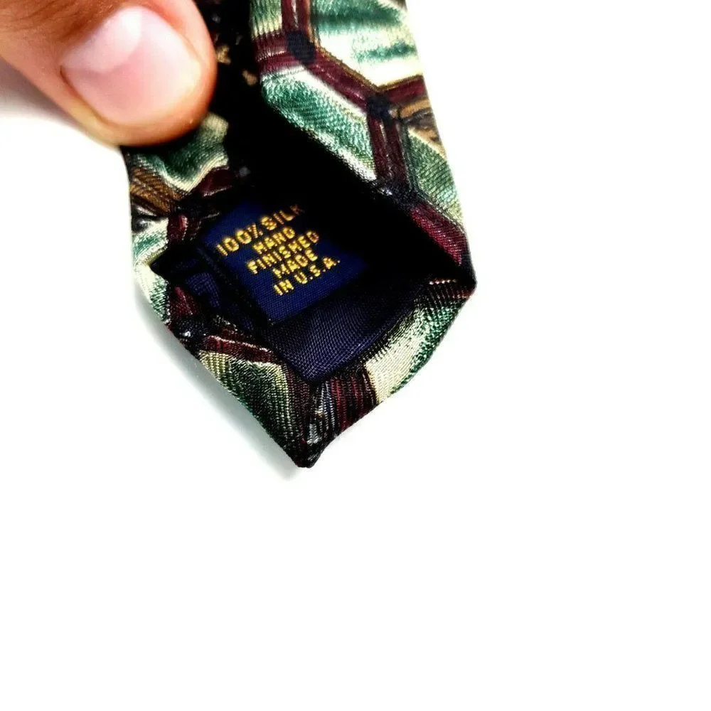 XMI Silk Tie‎ Maroon Green Geometric Short Wide